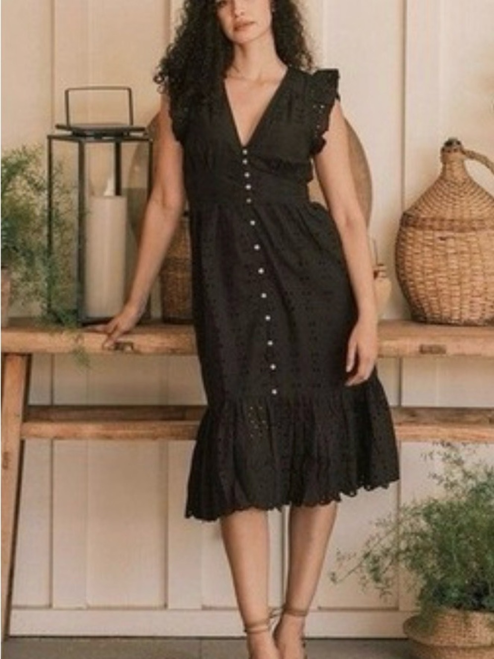 Cleobella || Brielle Eyelet Midi Dress Button Front Black